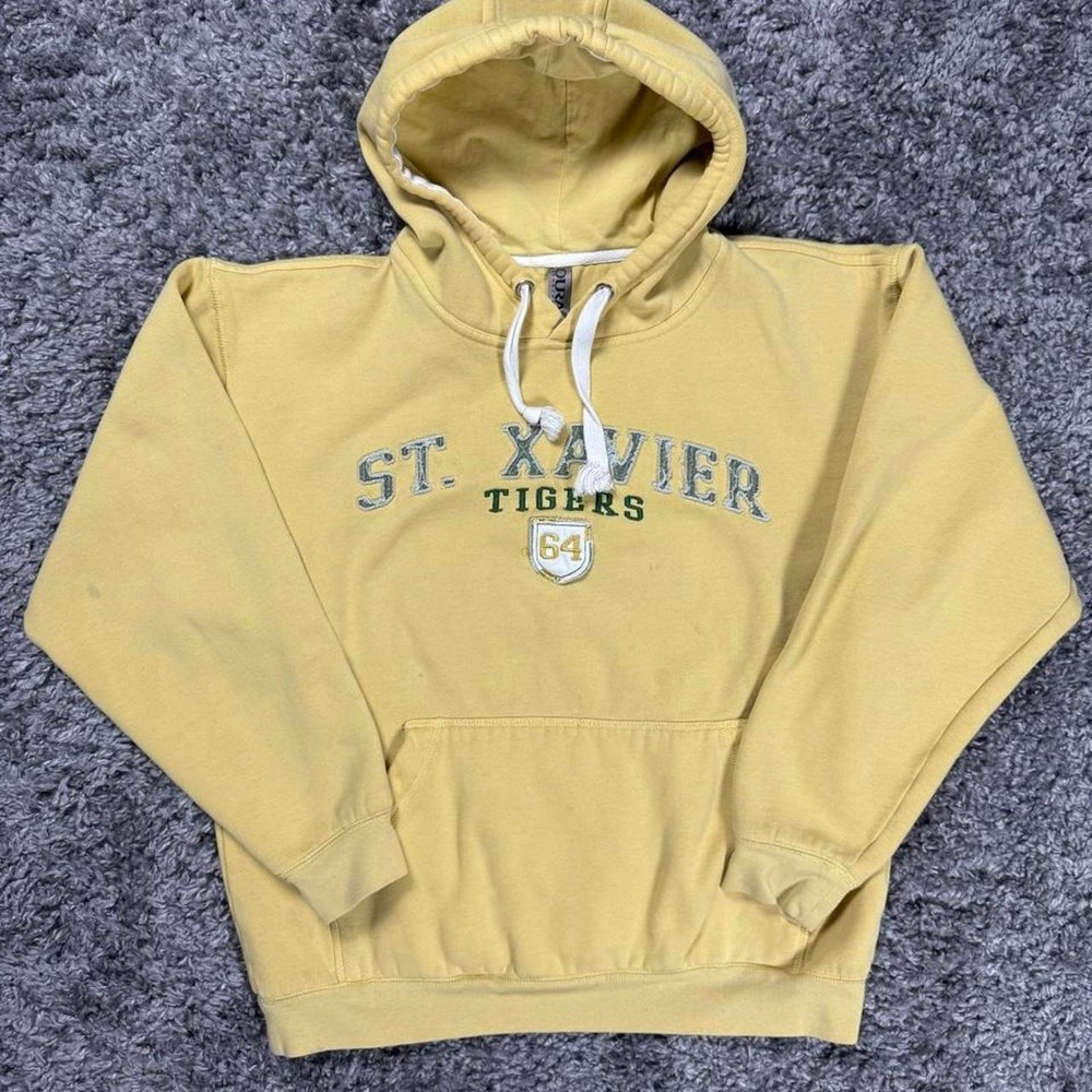 St. Xavier Tigers yellow hoodie with white drawstrings, Size Medium